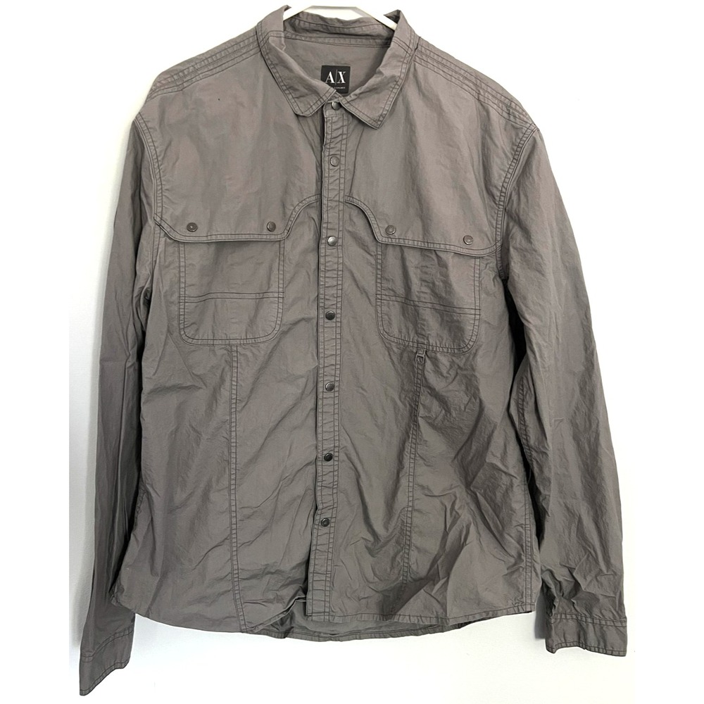 Armani Exchange Shirt Mens L-XL Gray Button‎ Up Long Sleeve 100% Cotton Pockets